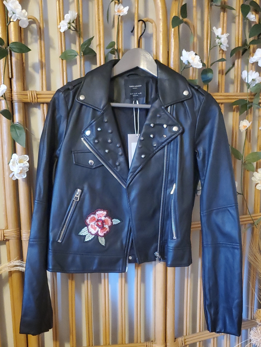 Zara Black Faux Leather Studded Moto Jacket with Floral Patch